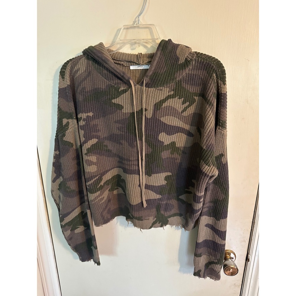Talulah Olivaceous Camo Knit Cropped Hoodie Sweater Women's Medium Distressed